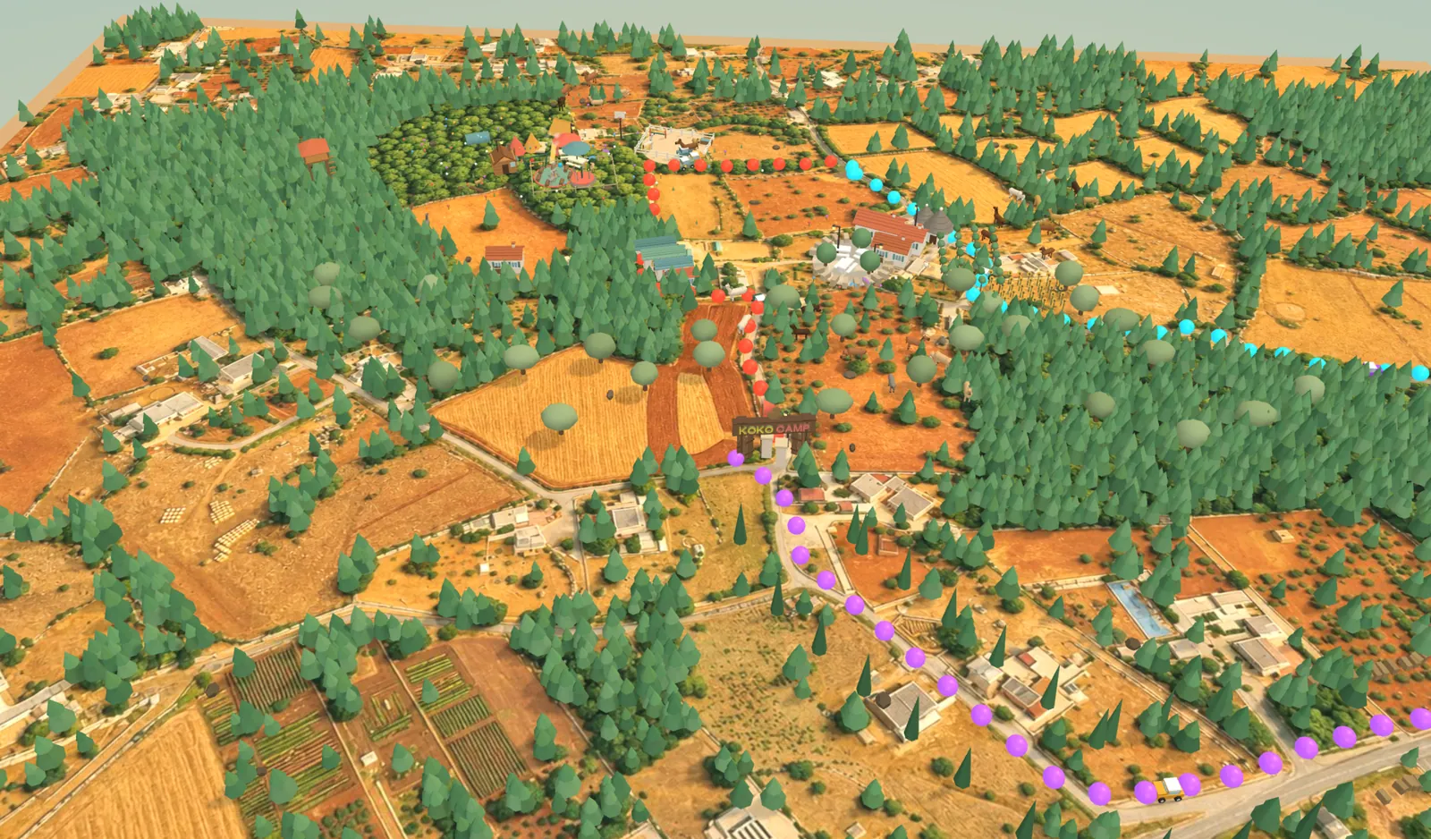 Preview of the 3D map of Casale dei Pini: pine woods, fields, the riding arena and the KokoCamp entrance