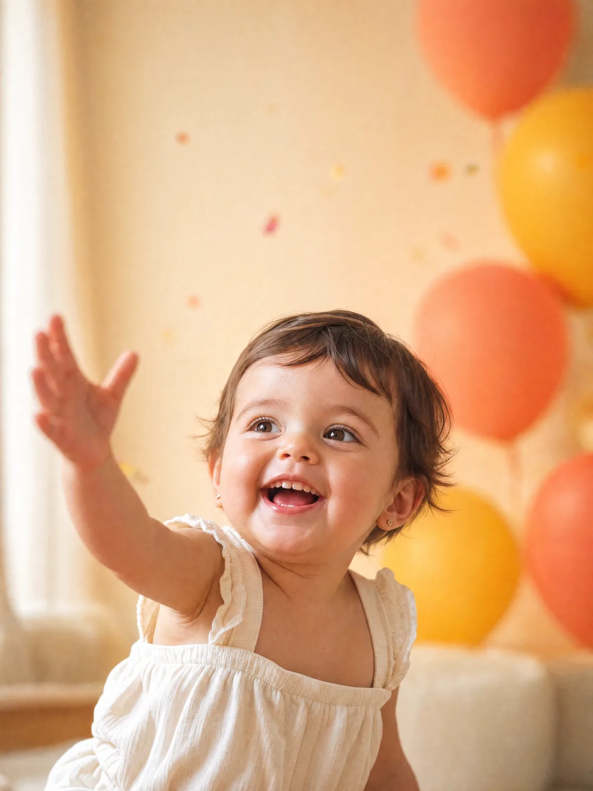 A one-year-old girl laughing with her arms up among balloons