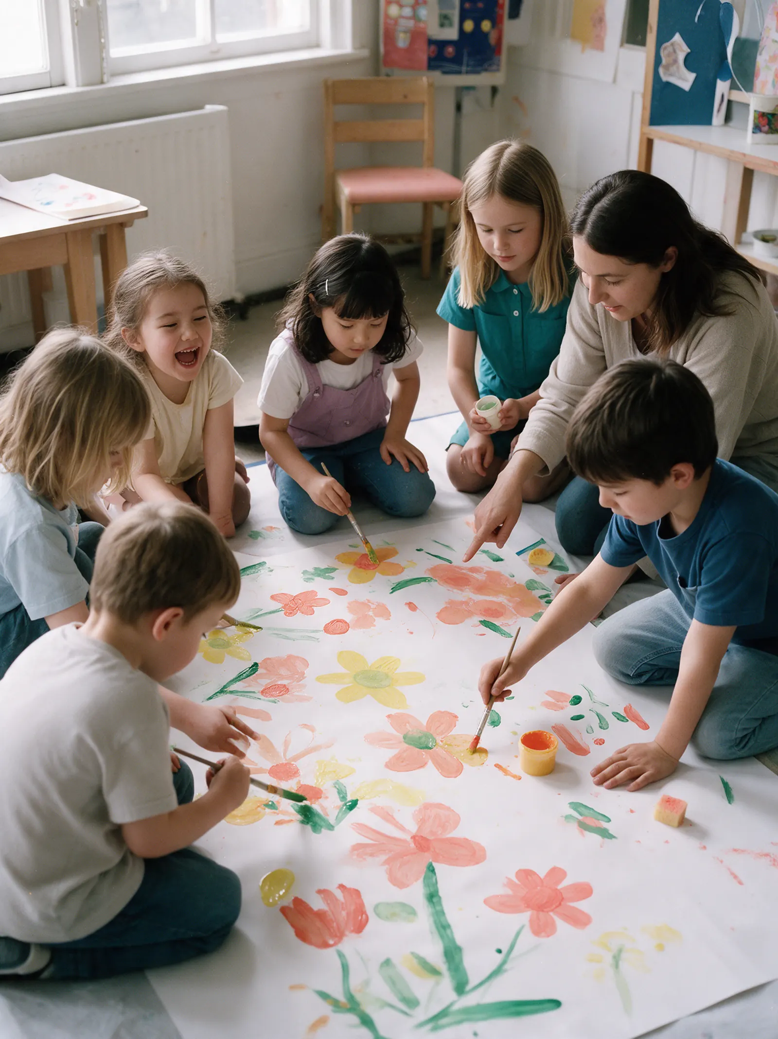 Children of different ages painting together at the Creative Lab