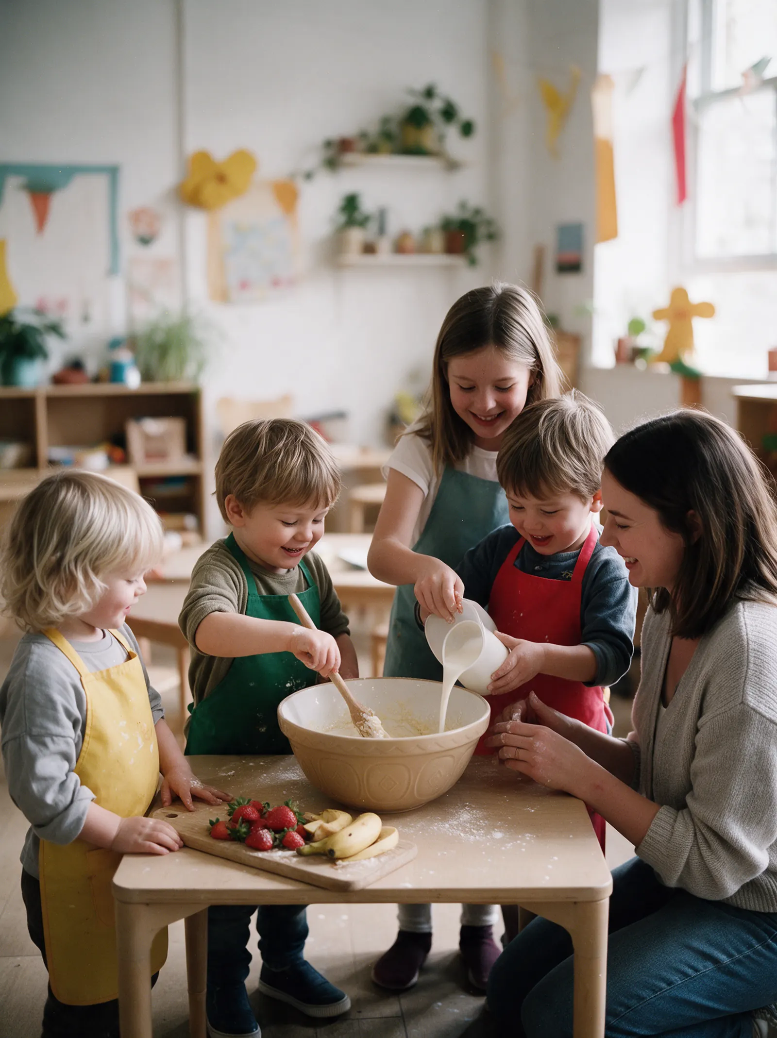 Children of different ages in aprons cooking a recipe at the Creative Lab