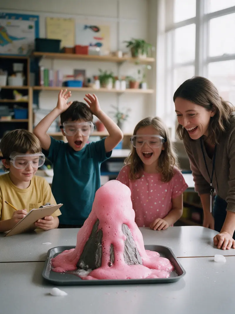Children in goggles watching a volcano erupt with pink foam