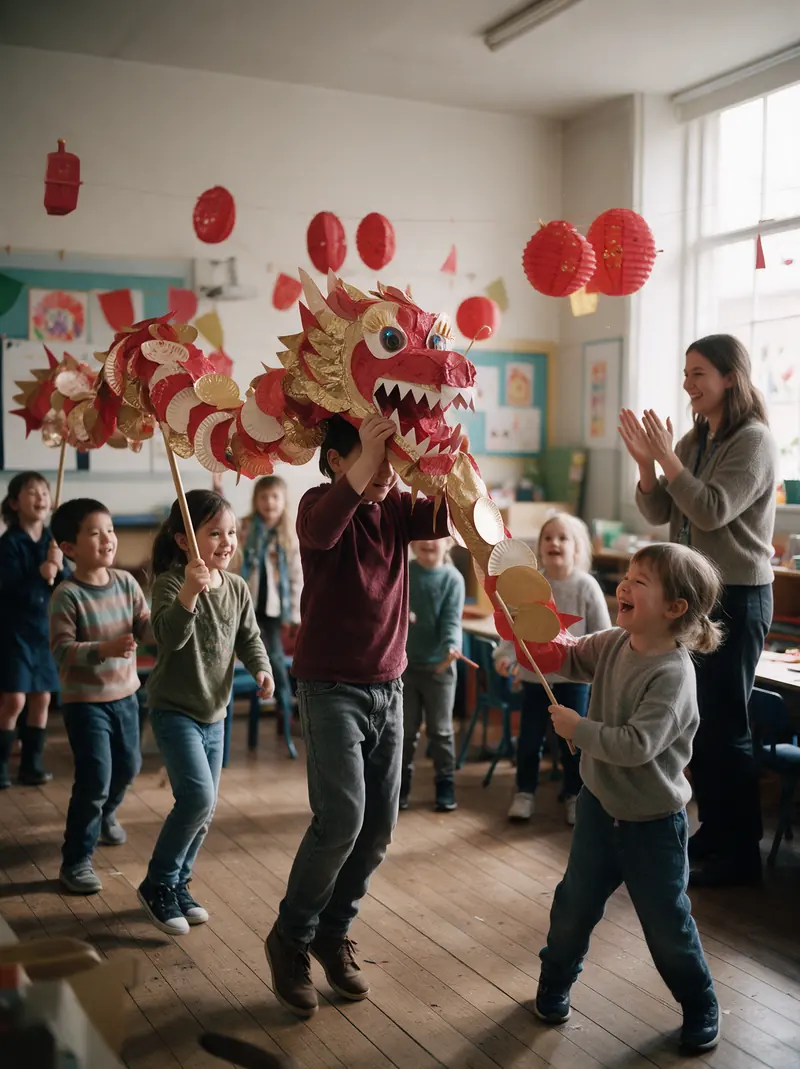 Children dancing a paper dragon for Chinese New Year