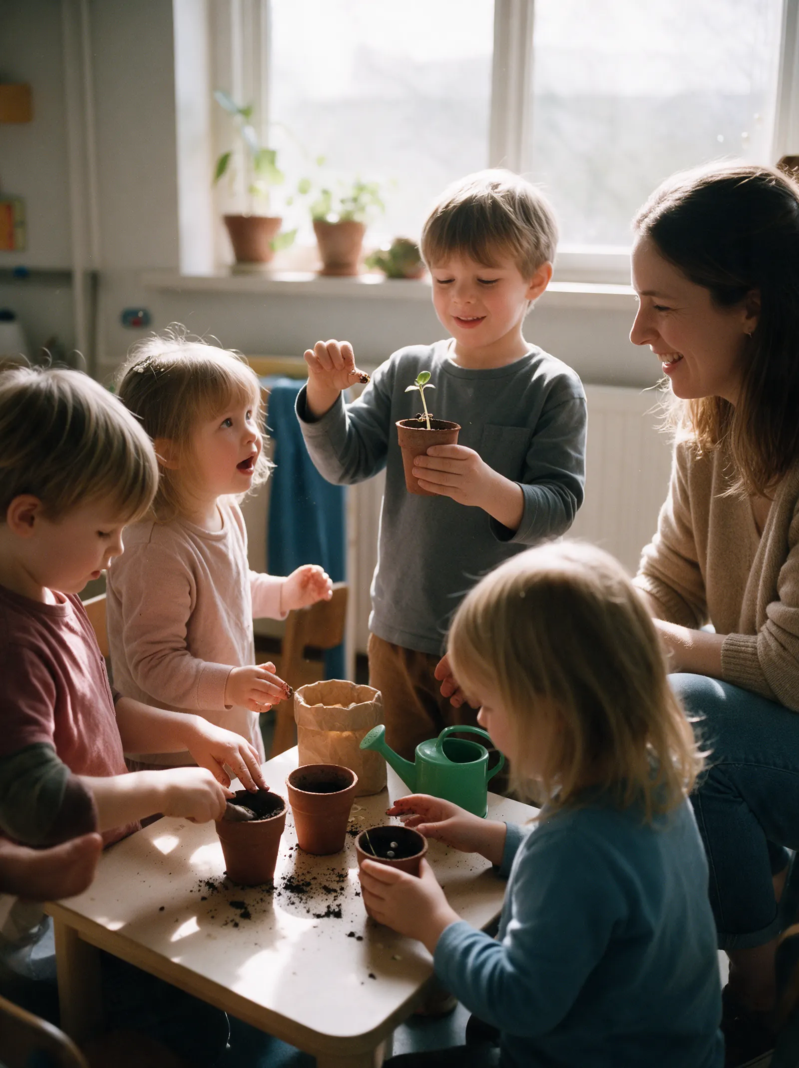 Children planting seeds in small pots and showing the first sprout