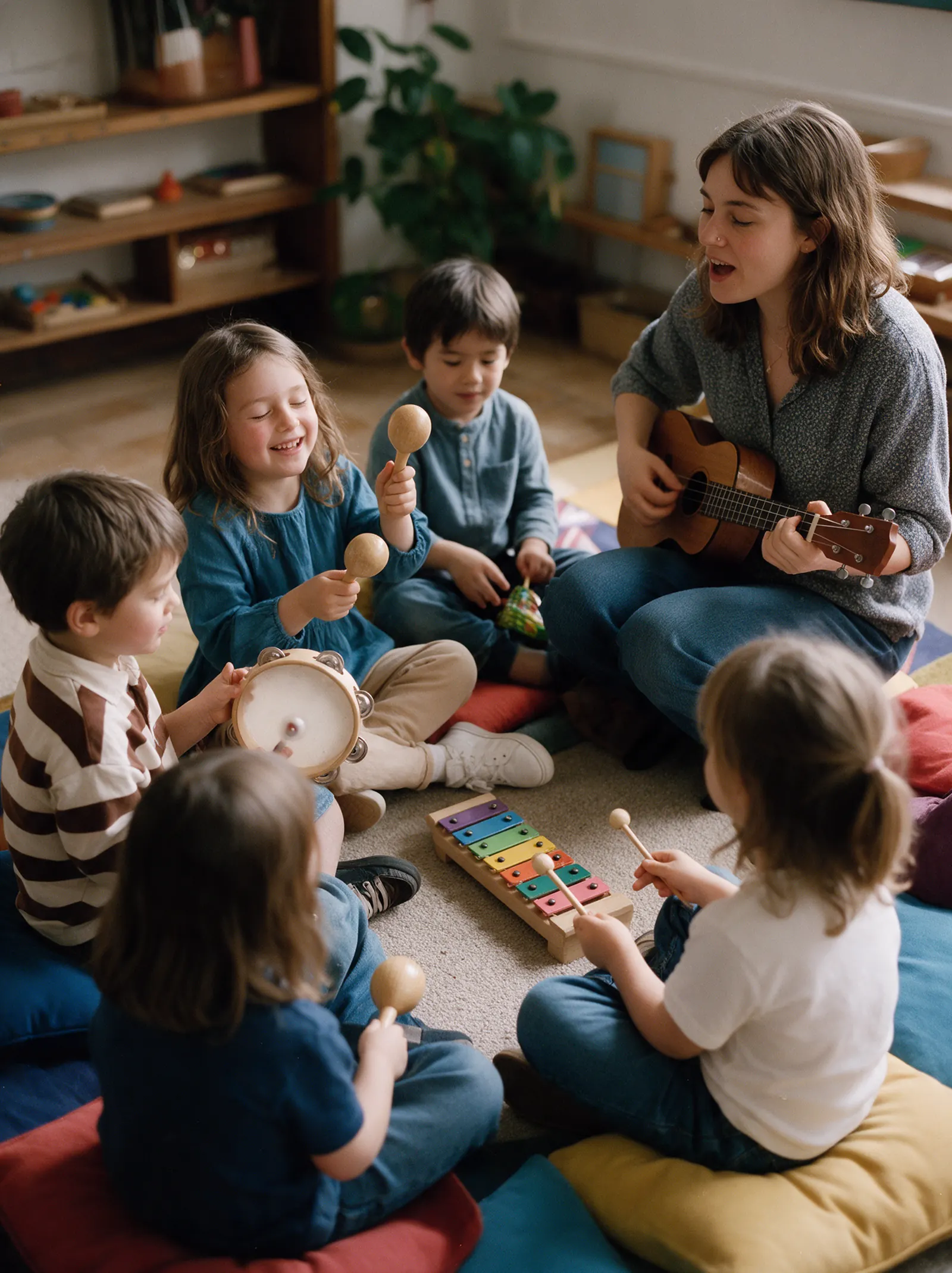Children in a circle playing small instruments and singing with their teacher