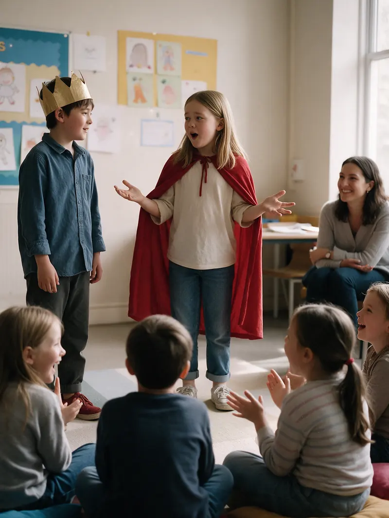 Children acting out a fairy tale with a crown and a cape