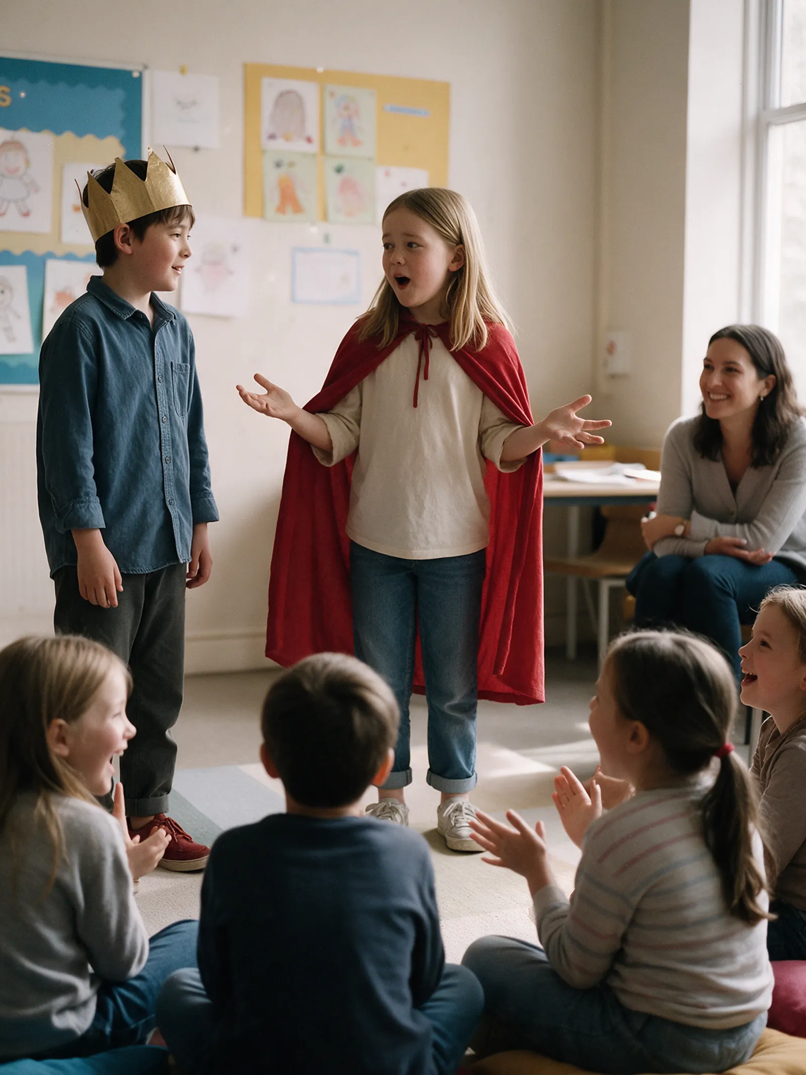 Children acting out a fairy tale with a crown and a cape