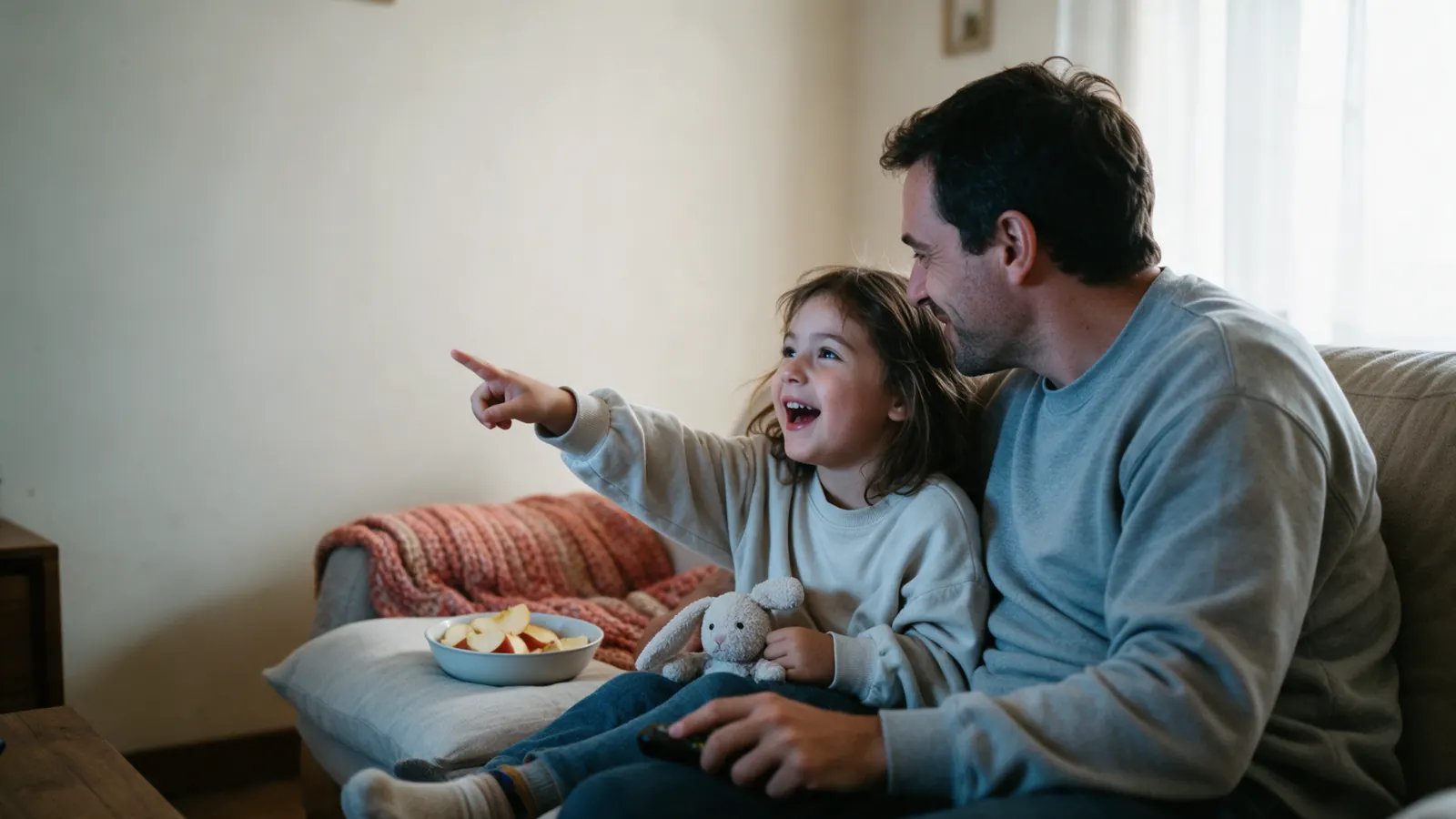 Una bambina e il papà sul divano guardano insieme un cartone animato in inglese, lei indica lo schermo ridendo