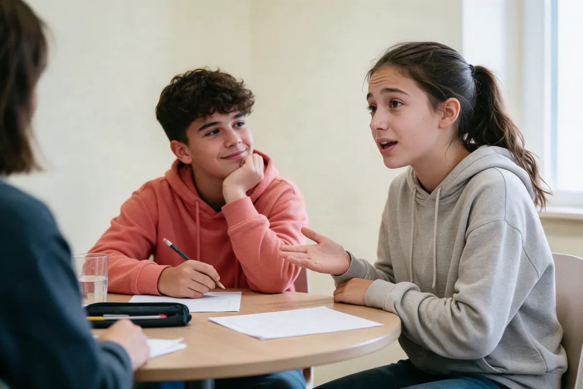 Due ragazzi si allenano allo speaking in inglese attorno a un tavolo rotondo, lei parla e lui ascolta sorridendo