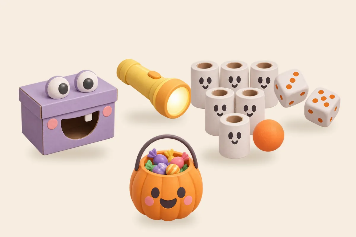 Una scatola-mostro, una torcia, sei rotoli di carta igienica con la palla, due dadi e un cestino a forma di zucca: gli oggetti dei 5 giochi
