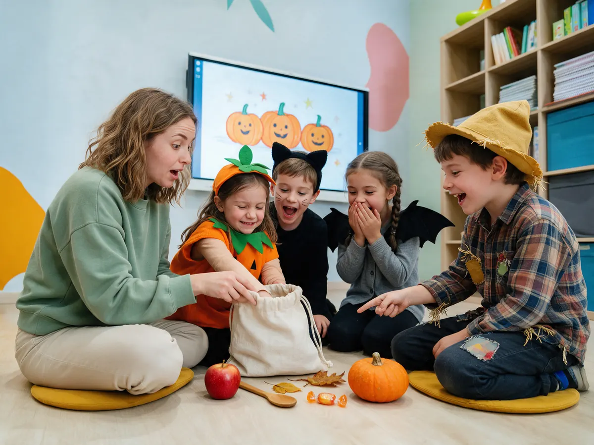 Una teacher e quattro bambini in costume da zucca, gatto, pipistrello e spaventapasseri scoprono gli oggetti di un sacchetto di stoffa