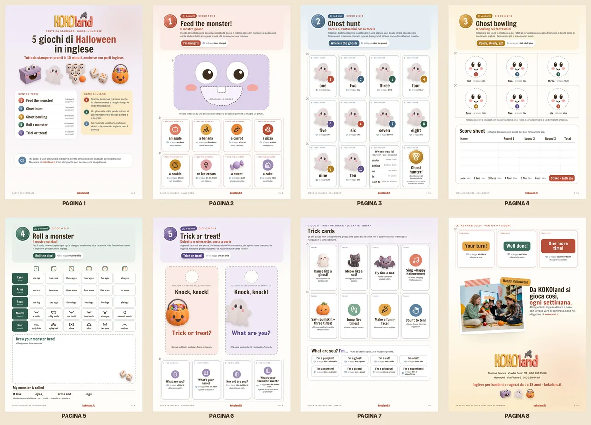 Le otto pagine delle carte da stampare: faccia del mostro e carte del cibo, fantasmini numerati, foglio dei punti, tabella del mostro coi dadi, cartelli da porta e carte trick