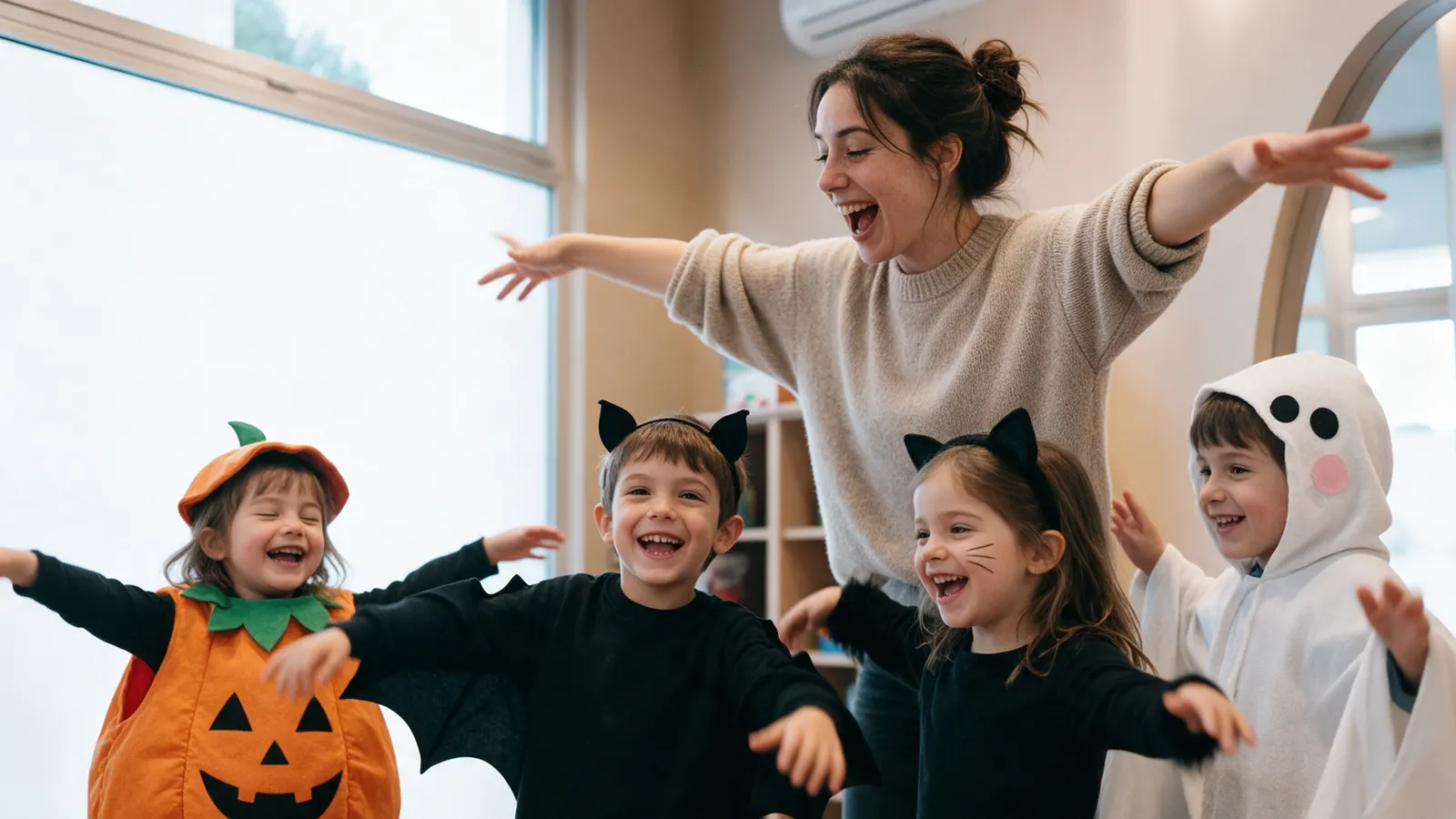 Una teacher e quattro bambini in costume da zucca, pipistrello, gatto e fantasmino giocano in inglese a braccia aperte