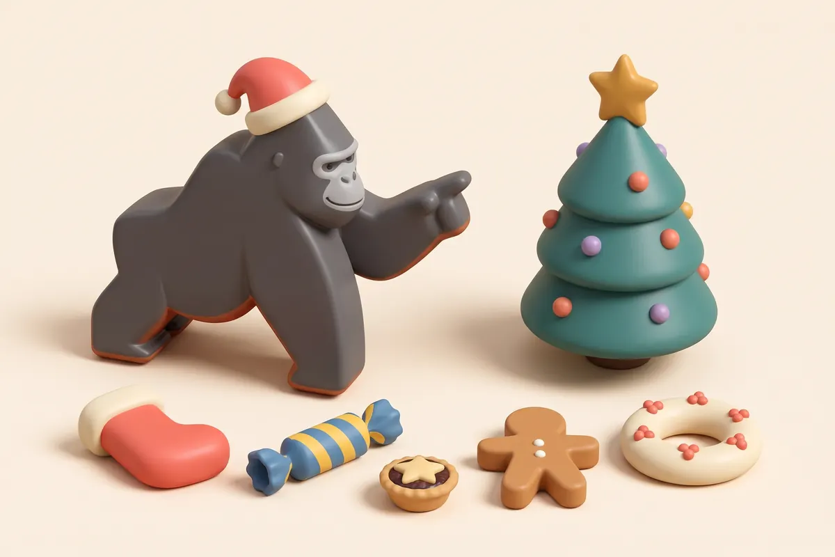 Gli oggetti del Natale inglese in stile giocattolo: calza, pallina, cracker, mince pie e KOKO il gorilla accanto all'albero