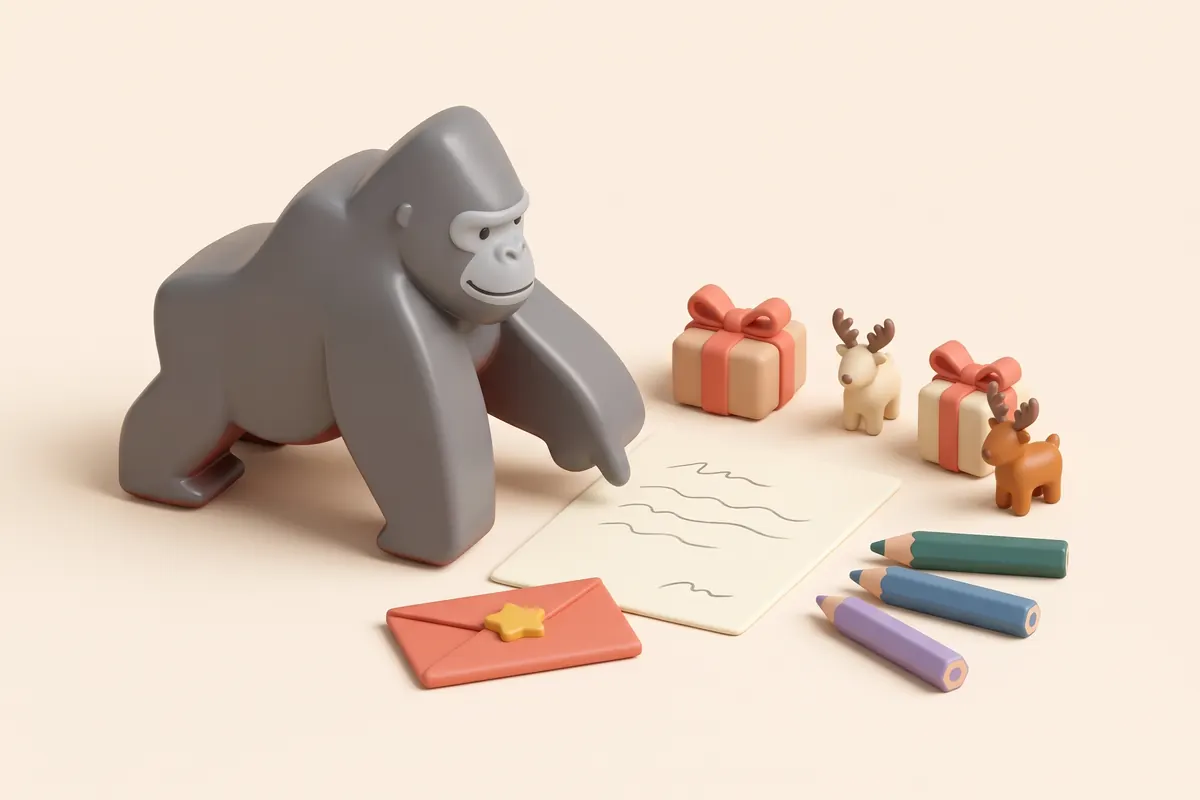 Lettera a Father Christmas in stile giocattolo, con busta rossa, matite colorate e KOKO che indica il foglio