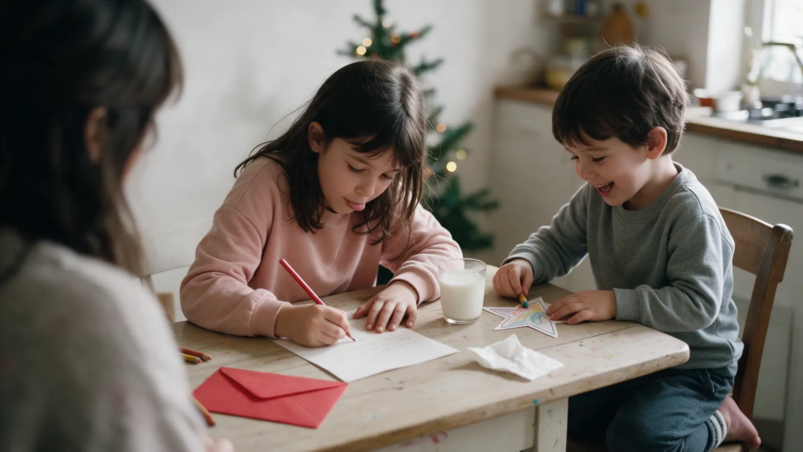 Bambina scrive la lettera a Babbo Natale al tavolo di cucina, con le lucine dell'albero accese alle spalle