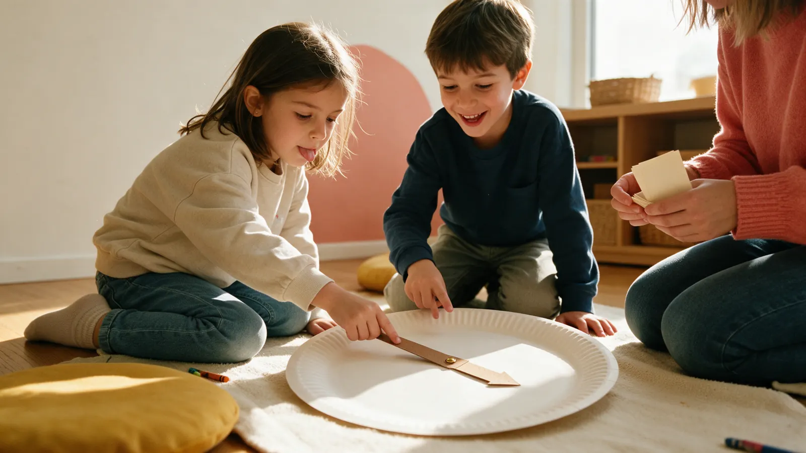 Due bambini sul tappeto spostano le lancette di un grande orologio di carta mentre un’adulta li guarda