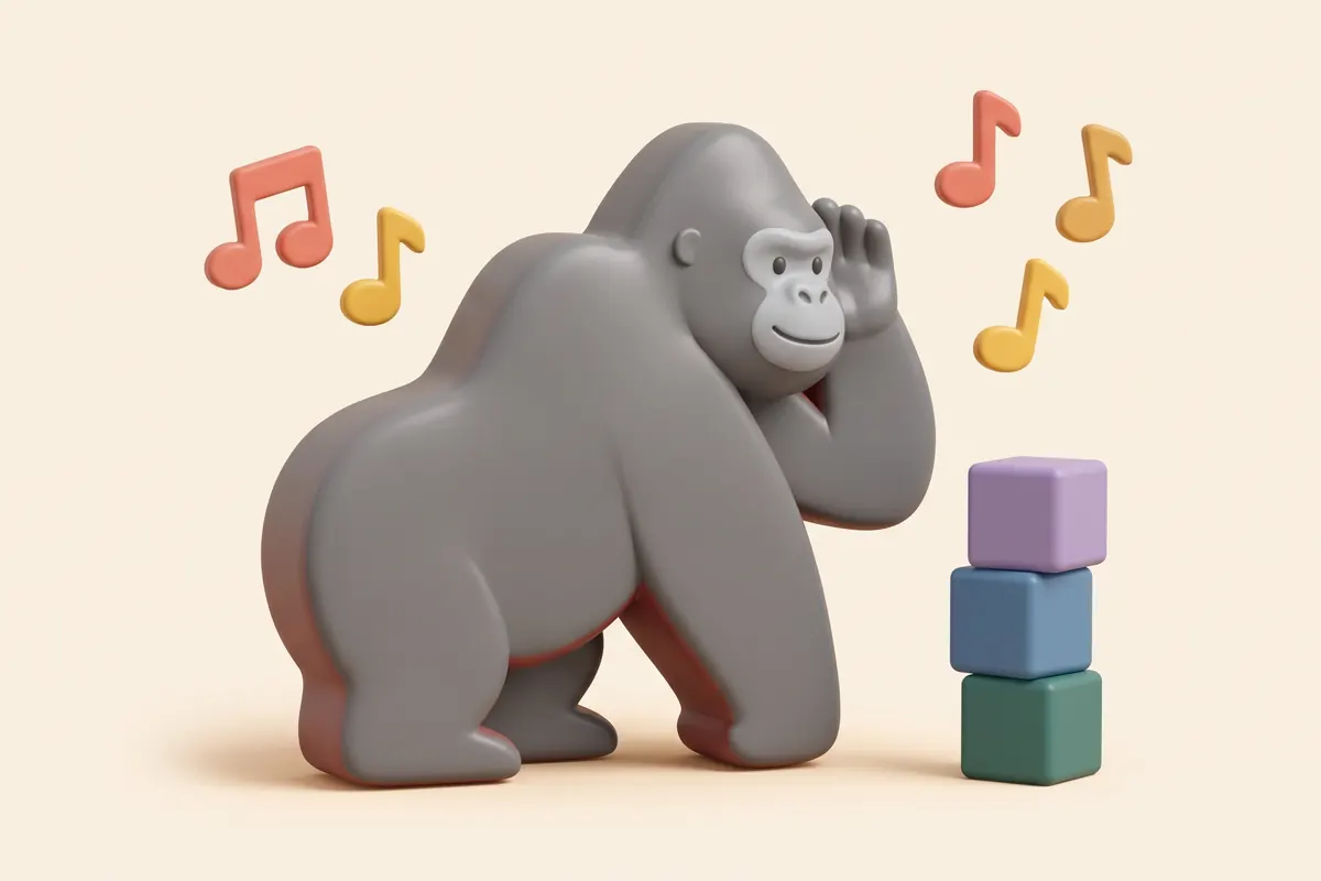 KOKO il gorilla ascolta attento con una mano dietro l’orecchio, circondato da note musicali e blocchi colorati