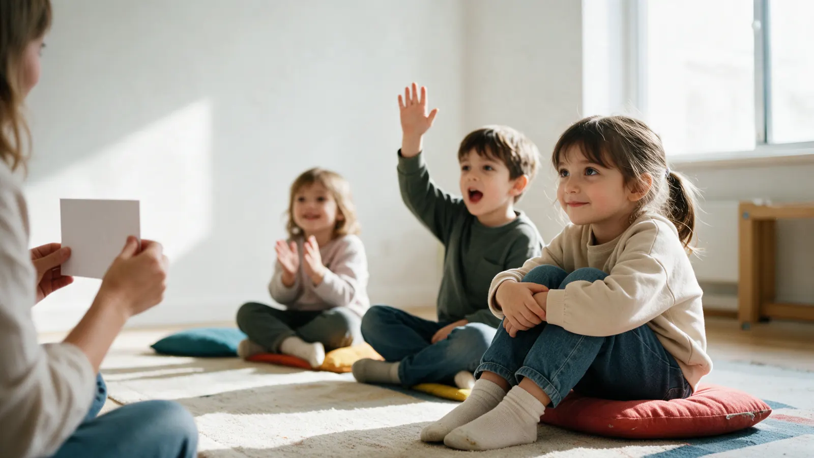 Una bambina seduta sul cuscino ascolta in silenzio con attenzione mentre i compagni alzano la mano durante un’attività in inglese