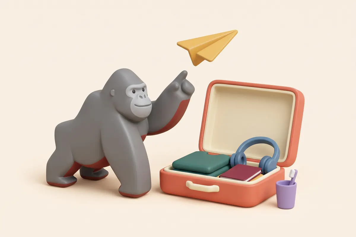 Valigia aperta in stile giocattolo con passaporto, cuffie e maglietta, e KOKO il gorilla che indica un aereo di carta