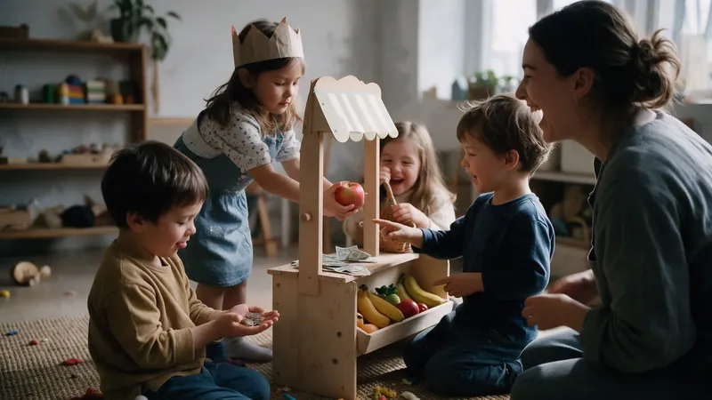 Children playing shop with their teacher: a role-play in English