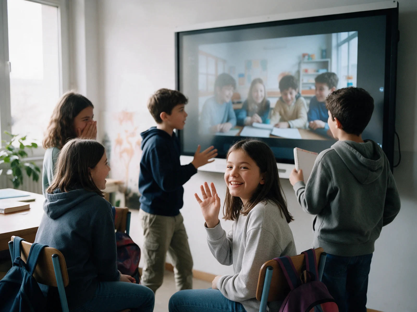 Eleven-year-olds on an English video call with a class abroad