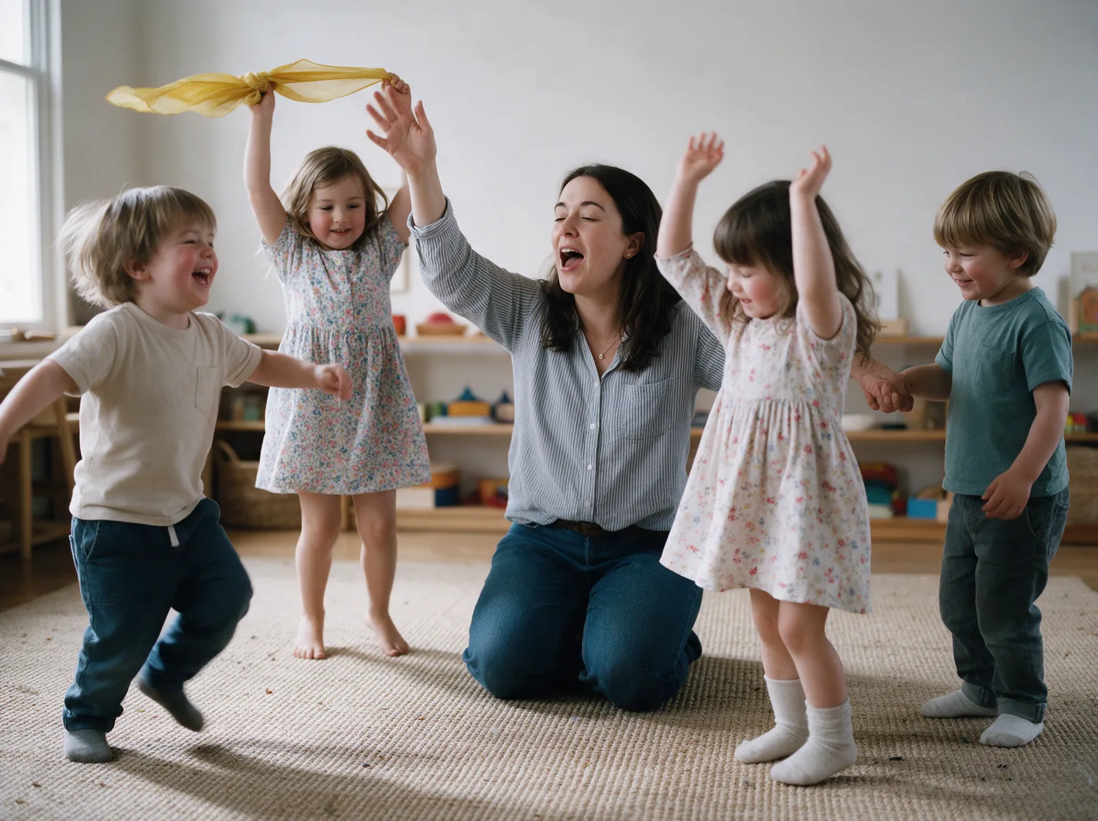 Three-year-olds dancing in a circle with scarves in KOKO Stars