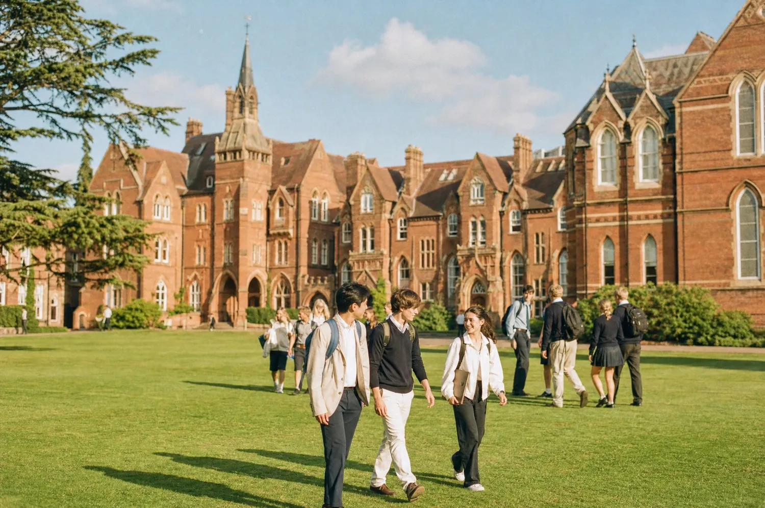 The lawn of an English college with students