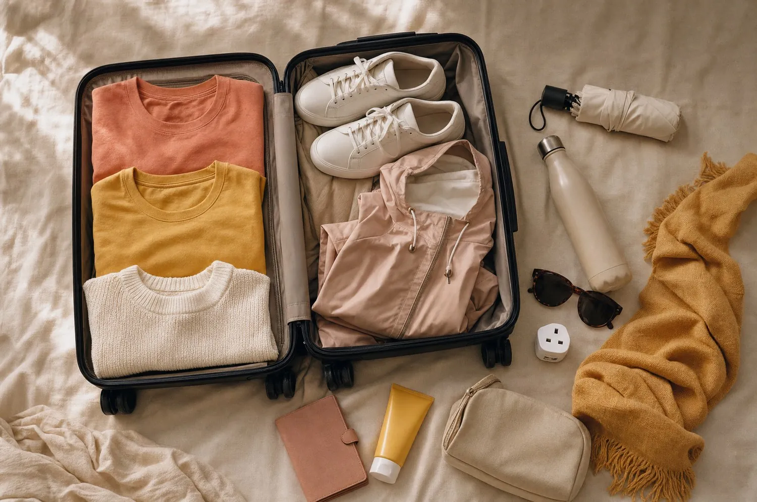 A suitcase packed and ready to go