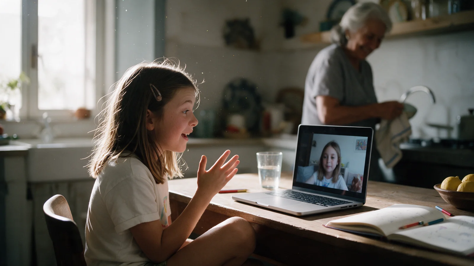 Nine-year-old girl on a video call in English with a friend from another country, in her home kitchen