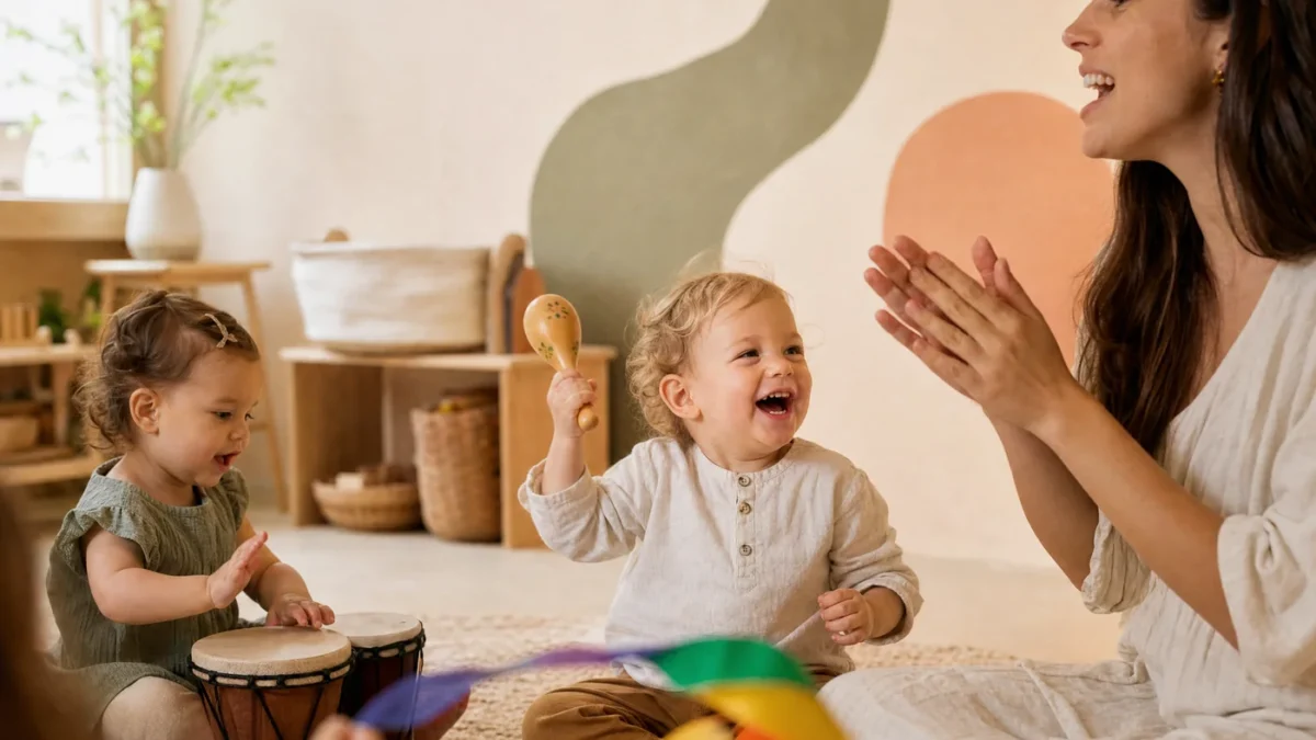 Bambini di 1 e 2 anni con i genitori durante una lezione KOKO Babies a Kokoland