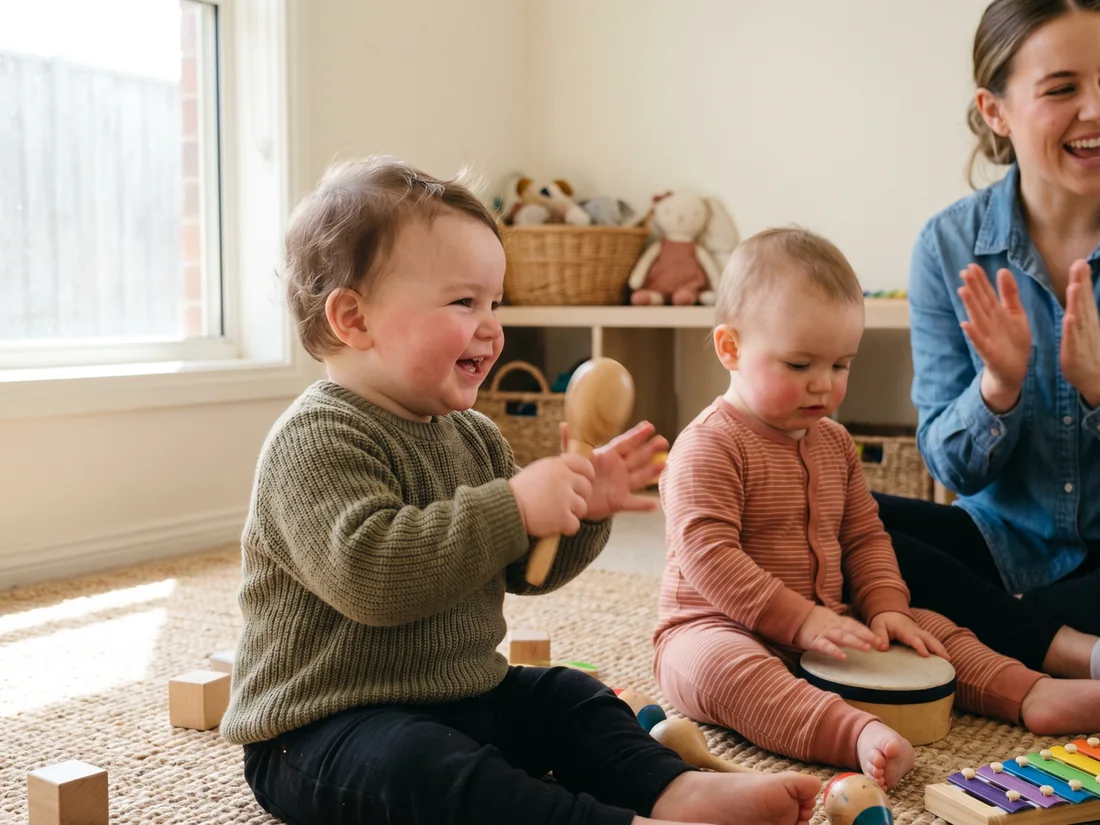 Bambini piccoli suonano maracas e tamburello durante una lezione KOKO Babies a Kokoland